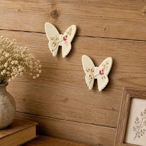 Vintage Porcelain Butterfly Wall Decor Set 2 Hand Painted Roses Made in USA